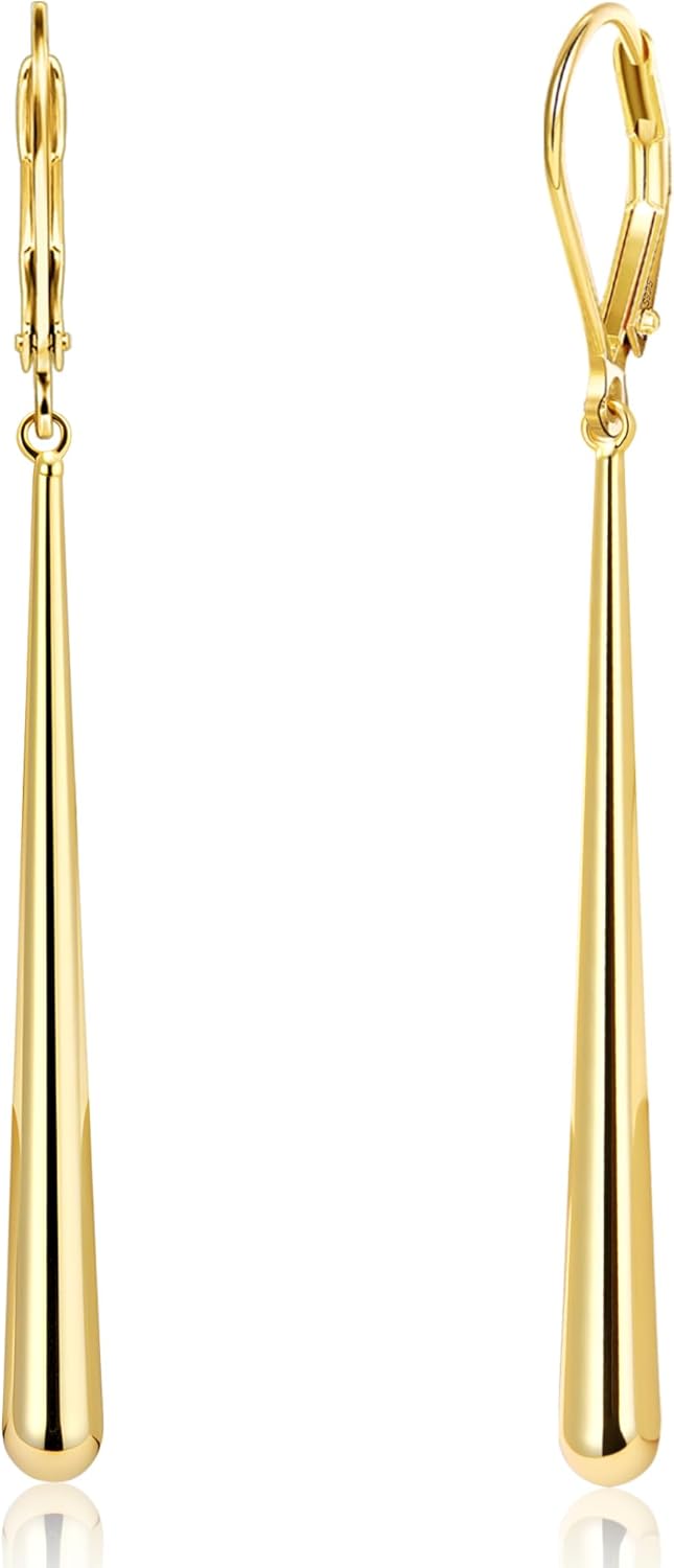 925 Sterling Silver Dangle Earrings 14k Gold Plated Long Strip Bar Waterdrop Leverback Earrings Hypoallergenic Lightweight Trendy Long Drop Earings for Women Lady Jewelry Gifts in Box