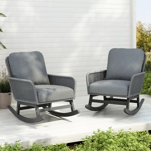 [Set of 2] Contemporary Minimalist Gray Wicker Rocking Chair with Soft Polyester Cushions and Durable Wooden Frame, Perfect for Indoor and Outdoor Spaces Like Patio, Balcony, or Living Room