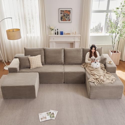 Image of 135.4 inchModular Sectional Sofa, Boneless Couch U-Shaped Sofa for Living Room | Cloud Couch Sectional with Ottoman, 4 Seater Deep Seat Memory Foam Compressed Sofa, No Assembly, Right-Facing Chaise, Camel