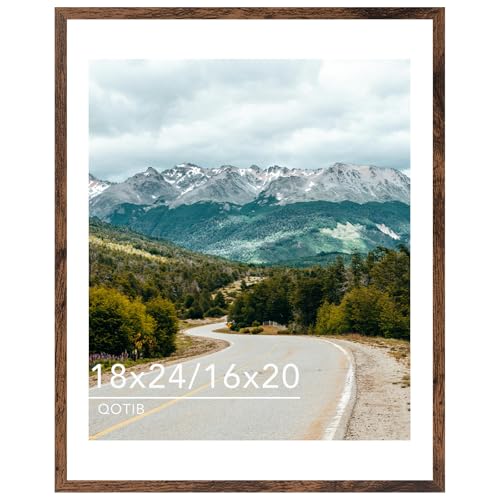 QOTIB Wood 18x24 Picture Frame with 16x20 Mat Deep Brown Display 16x20 with Mat or 18x24 Without Mat Wood 18 by 24 Photo Frame 18 x 24 Frame for Wall Hanging Display Deep Brown