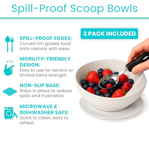 Vive Spill-Proof Scoop Bowl (2 Pack) - Adaptive Eating Equipment with Lipped Edge for Elderly & Disabled - No-Spill Scoop Aid for Parkinsons, Dementia, Strokes, Tremors - Special Non-Skid Bowl (White) - Image 3