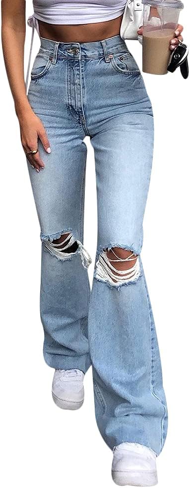 Women’s Zipped High Waist Ripped Flare Denim Pants Jeans Trousers