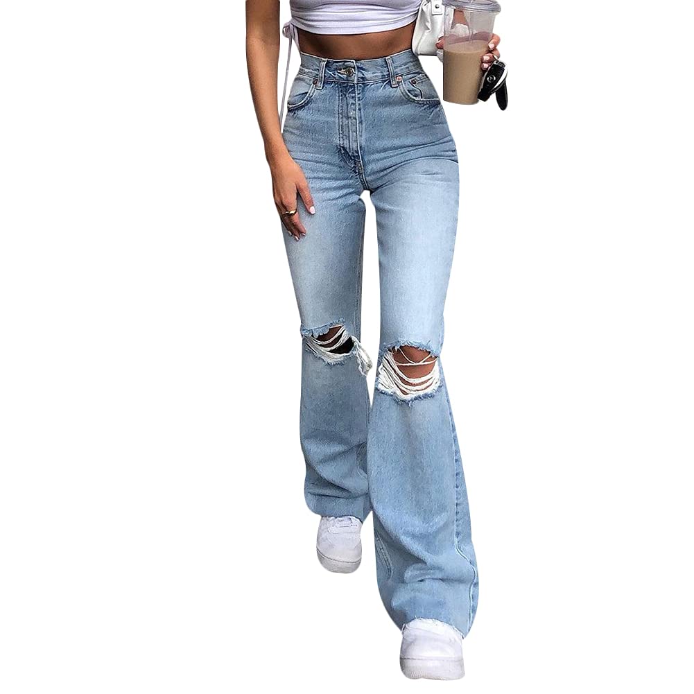 Women’s Zipped High Waist Ripped Flare Denim Pants Jeans Trousers