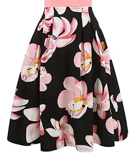 oxiuly Women's Vintage Patchwork Pockets Puffy Swing Casual Party Dress OX165 (Pink, m)
