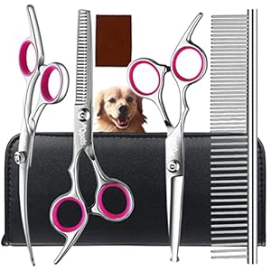 Qpets® Stainless Steel Professional Dog Grooming Shears Set – Thinning, Straight, Curved Shears and Comb for Long Short Hair for Dog Cat(4 pcs)