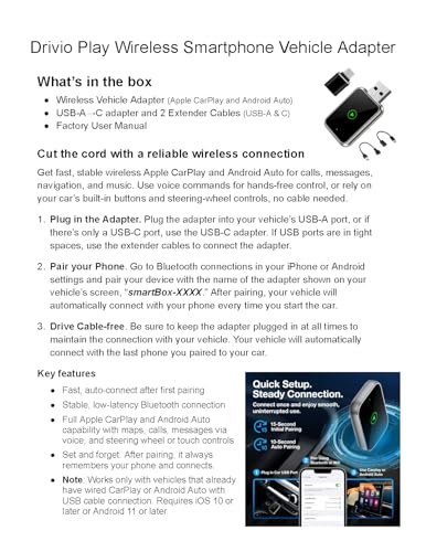 Drivio Wireless CarPlay Adapter for iPhone & Android | USB CarPlay Wireless Adapter with Screen Mirroring | 2026 Bluetooth Car Play Dongle Apple Play for Car Accessories Android Auto USB C & A - Thumbnail 5
