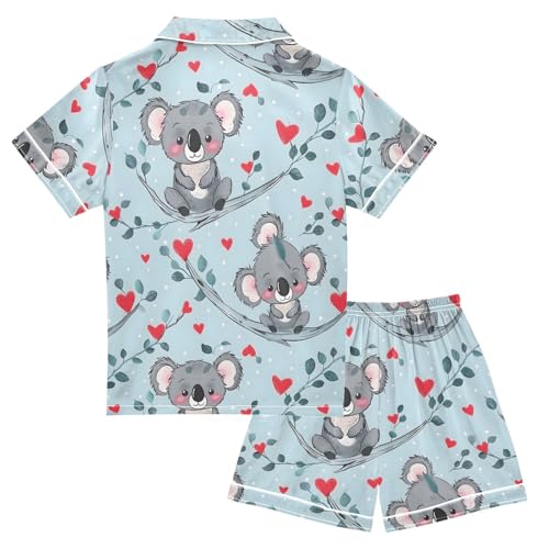 ALAZA Cute Koala Leaf Heart Satin Pajamas Set Short Sleeve Button Down Sleepwear Summer Pjs 2 Piece2