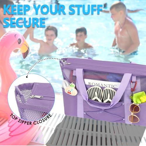 Image of Fammart Mesh Beach Bag for Women, Large Beach Toy Pool Bag with Zipper Pocket, SandProof Cruise Essentials 2026 Family Travel