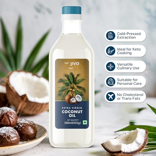 Image of JIVO Pure Extra Virgin Coconut Oil 500 ml | Nourishing Oil Bottle for Skin | Hair Growth | Baby Massage | Good for Salad Dressing Zero Cholesterol and Trans Fat | Keto diet & Cooking