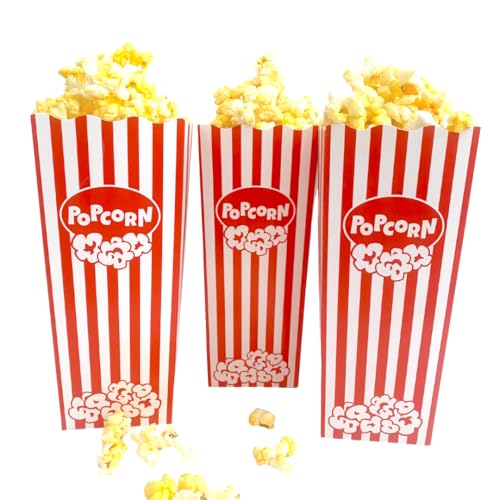 Paquete de 100 recipientes desechables para palomitas de maíz, 7.75 pulgadas de alto, caja de cartón a rayas rojas y blancas, fiestas, noche de películas, aperitivos (diseño de palomitas de maíz)