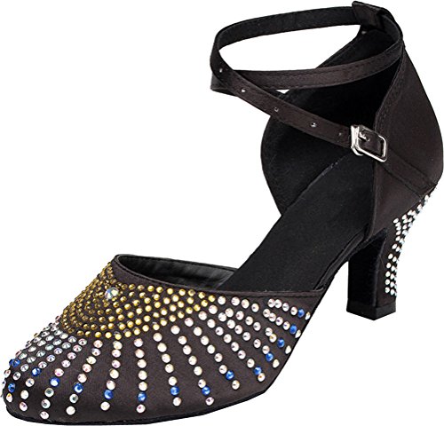 Chaussures de danse latine anti-fatigue à bout fermé noir avec talon stable femme