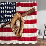 Baseball Vintage League Equipment USA Grunge Glove Bat Fielding Shower Curtain, Men Boys Bathroom Accessories with Hooks, 72X72IN