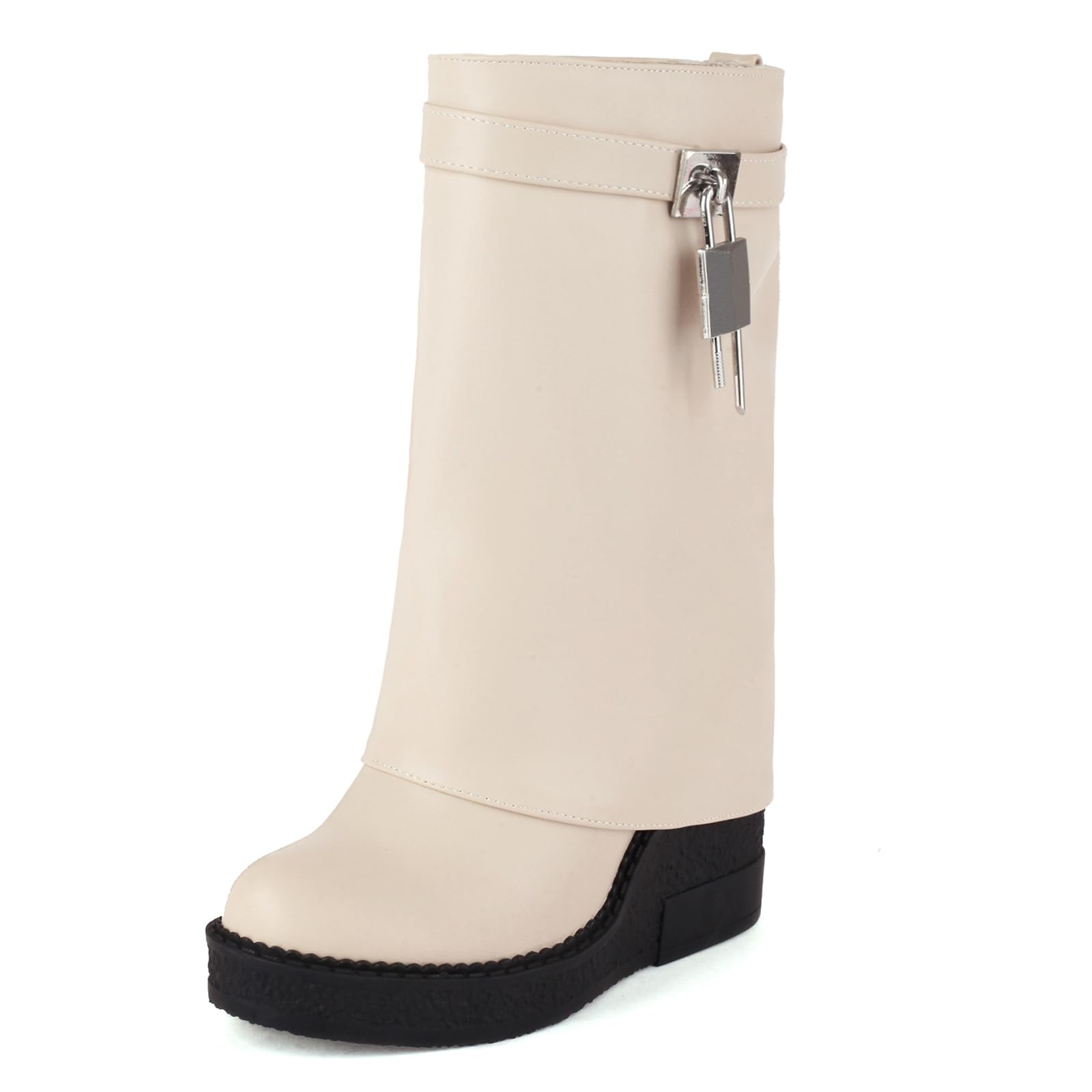 Fold Over Boots Slouch Block Heels Dressy Mid Calf Boots