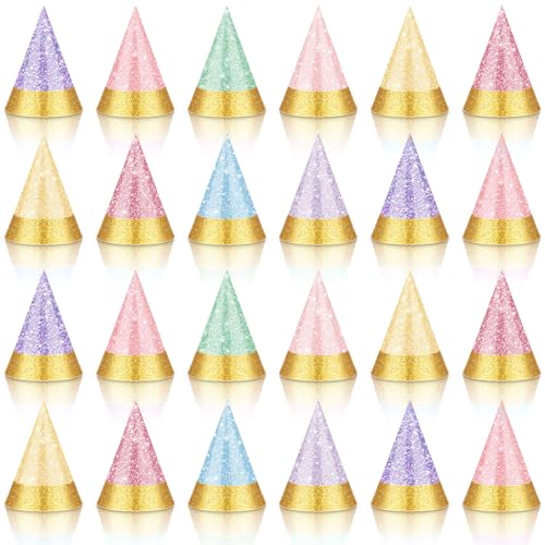 Sonwyoung 24 Pcs Colorful Party Hats for Kids Glitter Reusable Paper Hats for Baby Shower Birthday Party Decorations(Light, Macaron, Glitter)