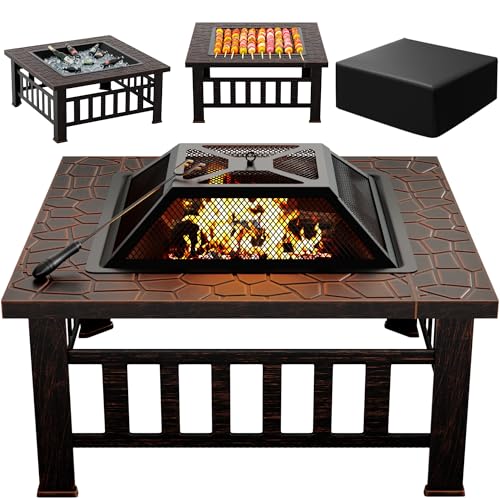 Multifunctional Patio Fire Pit Table, 32in Square Metal BBQ Firepit Stove Backyard Garden Fireplace with Spark Screen Lid and Rain Cover for Camping, Outdoor Heating, Bonfire, Dark Black