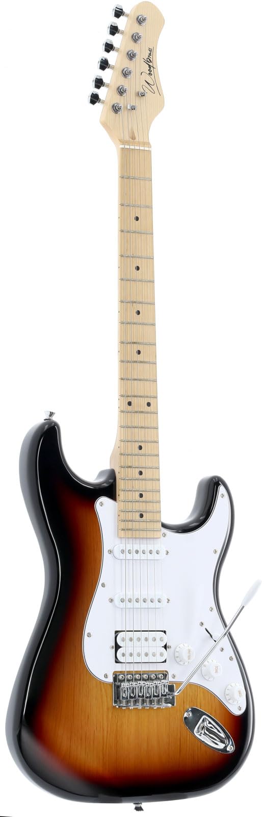 Woodbrass ST100 Sunburst - Chitarra elettrica multiuso ideale per principianti, corpo forma ST tiglio, stile rock, pop, funk, country, hard, metal