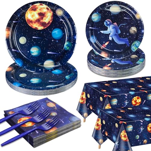 Outer Space Party Supplies for 40 Guests Include Astronaut Planet Paper Plates Napkins Forks Outer Solar System Tablecloths