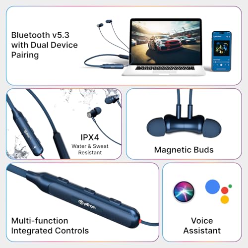 Image of pTron Tangent Evolve w / 50Hrs Playtime, HD Mic, Pristine Sound, 14mm Drivers, Bluetooth V5.3 w /Dual-Device Pairing Wireless Neckband, Magnetic Buds, Voice Assistant, Type-C Charging & IPX4 (Berry)