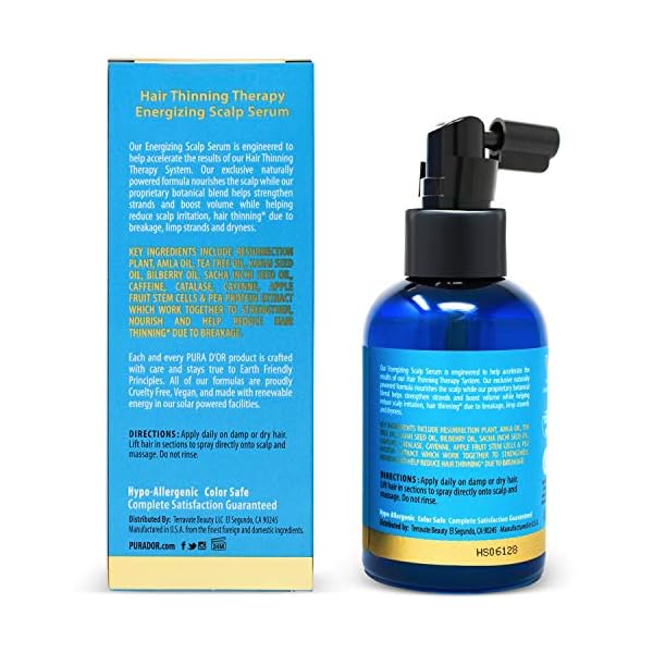 PURA D'OR 4 Oz Hair Thinning Therapy Energizing Scalp Serum Revitalizer - Argan Oil, Biotin, Caffeine, Stem Cell, Catalase & DHT Blockers, All Hair Types, Men & Women