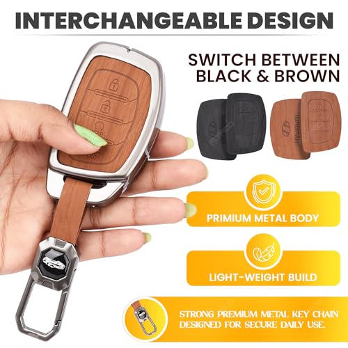 Image of Car Key Cover Compatible with Hyundai Alcazar and Creta Car 4-Button Smart Key (Dual Leather Metal (Black & Brown))