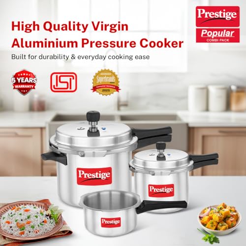 Prestige 2 Litre + 3 Litre + 5 Litre Aluminium Popular Max Outer Lid Pressure Cooker Combo with 2 Lids | Gas & Induction Compatible | Visual... - Image 3