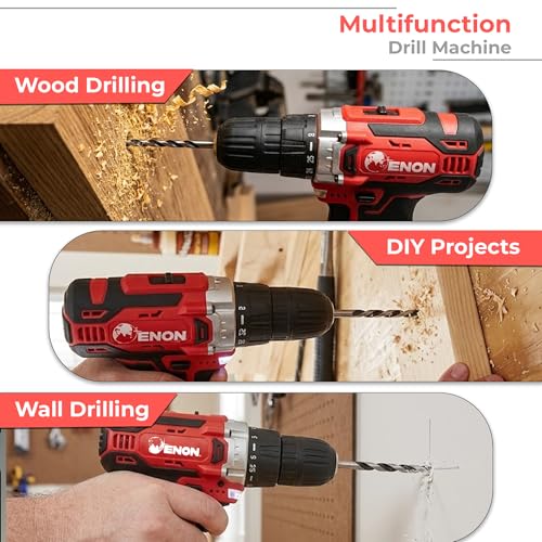 Image of Enon 12V Cordless Drill Machine for Home Use, Compact Cordless Screw Driver, Powerful, 2 Speed, LED, 1500RPM,10mm Chuck, Reversible Switch, Drilling,1500mAh Battery with1 Battery