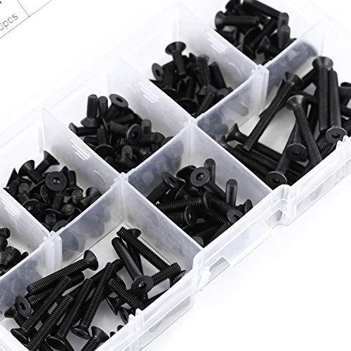 200Pcs M3 Flat Head Hex Socket Screw 10.9 Grade Alloy Steel Fastener Set with 8 Thread Lengths for Home, Office, Machinery