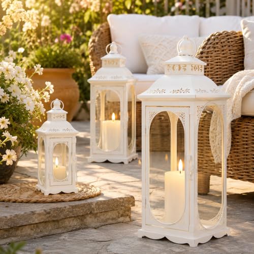 Miniatura 2 de Trirocks Set De 3 Faroles Vintage 26 35 50 Cm Altos, Soportes Decorativos De Vela Con Vidrio Templado Para Sala, Jardín, Patio Y Eventos Blanco Crema