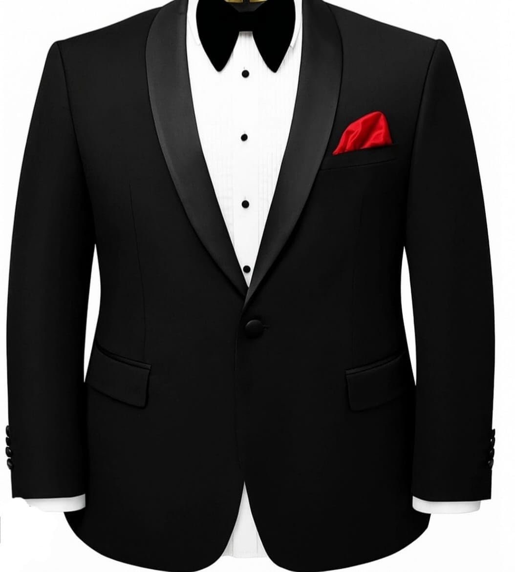 ifox lifestyle Men's Plus Size Black Tuxedo Blazer with Red Pocket Square, Formal Wear-picture-38