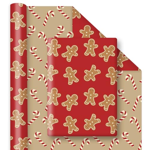 JarThenaAMCS Christmas Wrapping Paper -Mini Roll- 17 Inch x 32.8Ft Red Brown Gingerbread Man Candy Cane Gift Wrap Paper for Xmas Winter Holiday DIY Crafts Double-Sided