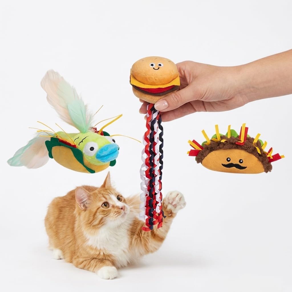 Hollypet 3 PCS Cat Feather Catnip Toys for Indoor Cats with Crinkle Ribbons | Stuffed Plush Cat Food Toys Kitten Interactive Chew Toy for Biting Kicking Exercise, Hamburger, Taco & Hot Dog