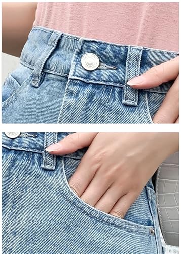 Womens Denim Skirt Pleated Lace Patchwork High Waist Slim A-Line Long Casual Denim Skirt3