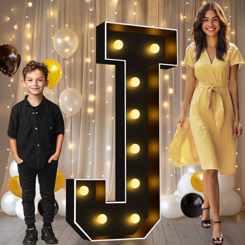 Image of Pooqla 4FT Marquee Light Up Letters, Black Large Letter J Party Decorations | LED Marquee Letters 4 Feet Tall, Black Giant Mosaic Letters Gift for Boys Men Birthday Anniversary Wedding Decoration