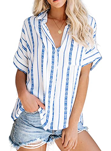 Modasua Chemisier Femme Rayures Col V Blouse Élégant Haut Manche Courte Tunique Ample Chic Casual Classic Shirt Chemise Femme Cover