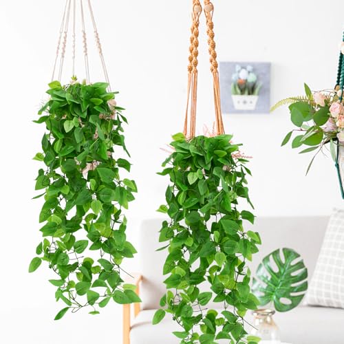 Bacucine 人工観葉植物 壁掛け ポトス 4個セット 造花 グリーン フェイクグリーン 吊るす 造花藤 インテリア ガーデン 吊り下げ 人工 垂れる 観葉植物 屋外 ホーム飾り DIY 飾り リアル 枯れない ウェディング オフィス (4) [4]