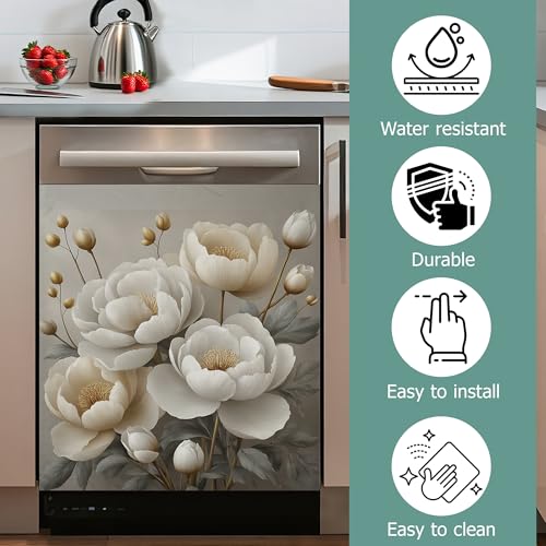 Image of Dishwasher Cover,White Peonies Flower Reusable Dishwasher Magnet Cover,Decorative Modern Art Magnetic Refrigerator Cover Front Panel Cover for Kitchen Decor 23x26 Inch