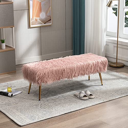 Kcc Faux Fur Ottoman Bench Upholstered Bedroom Furry Entryway Bench Long Hair Stool With Gold Metal Legs For Bedroon Living Room Pink #TOP17