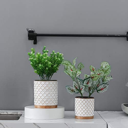 YISHANG Cement Planter Flower Pot - 4.7 Inch and 6 Inch Indoor Plants Containers Without Drain Hole,Round Flower Planter Pots for Plants with Bamboo Saucer/Tray,Set of 2 (White)
