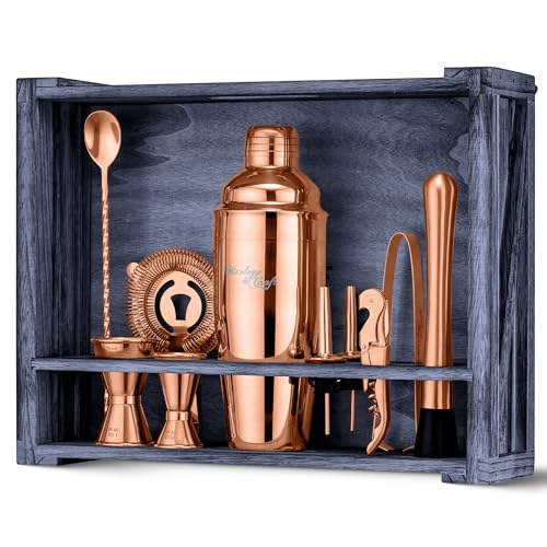 Mixology & Craft 11-Piece Cocktail Shaker Set, Bartender Kit with Stand, Stainless Steel Bar Tools, Dual Jiggers, Muddler & Pourers, Wood Display for Home Bar - Gift Ready (Copper)