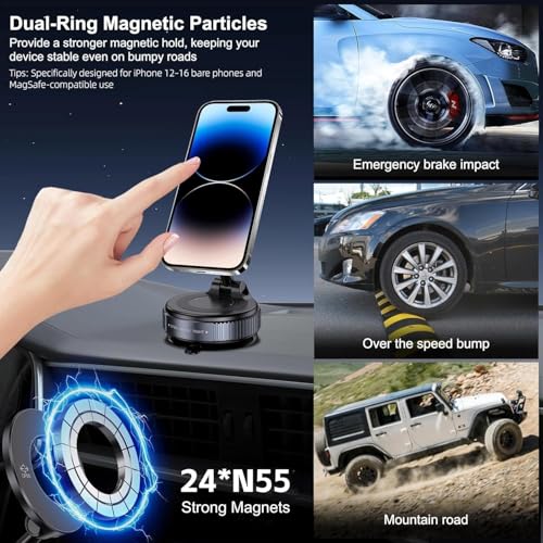 Image of 360 Magnetic Car Mobile Holder for Dashboard Vacuum Suction Phone Holder Mount Hand Free Magnetic Cell Phone Stand with Strong Grip Shockproof Suction Cup for Car Gym Office Table - Black