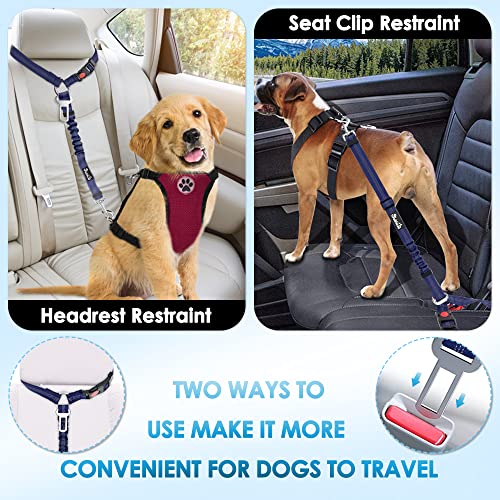 Image of SlowTon Dog Seat Belt for Car, 2 Pack Dog Car Harness Seatbelt with Bungee | 2 in 1 Pet Car Leash Headrest Restraint & Dog Safety Tether Clip, Adjustable with Elastic Buffer, Reflective, Blue M /L