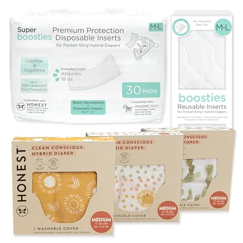 Image of Honest Hybrid Cloth Diaper Cover + Super Boosties Disposable Inserts 30ct + Reusable Inserts, Medium (12-25 lbs), Cotton Muslin Honest Covers Feature Pocket-Sling, Starter Kit