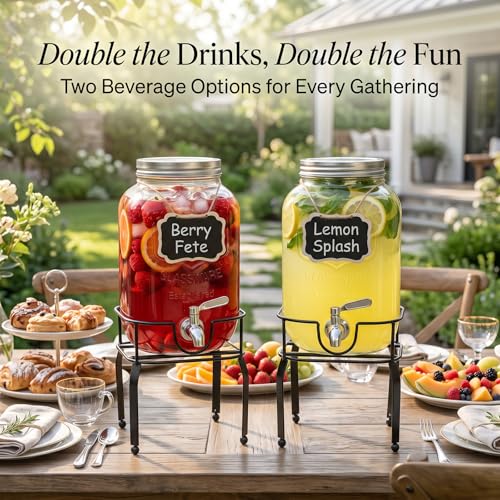 Image of 2 Pack1 Gallon Glass Drink Dispensers For Parties,Beverage Dispenser with Stand,304 Stainless Steel Spigot Leakproof,Lemonade Dispenser for Sun Tea, Homemade Juice