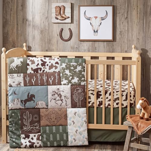 Peryiter 3 Pcs Western Cowboy Crib Sheet Set Baby Crib Bedding Set Includes 52x28 Fitted Sheet Quilt Bed Skirt for Newborn Boy Girl Cute Nursery Newborn Sheets Decor