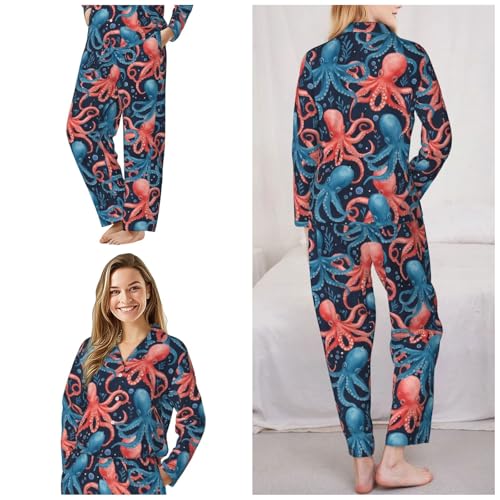 Image of Women'S Long Sleeve Pajama Set Soft Loungewear Button-Down Top & Elastic Waist Pants S- 2XL
