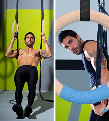 Wood Gymnastic Rings Home Gym Workout Rings Wooden Olympic Rings for Crossfit, Exercise Fitness Rings 1500lbs 15FT Adjustable Straps & Lock Buckles for Full Body Pull Ups Arm Muscle Strength Training - Thumbnail 4