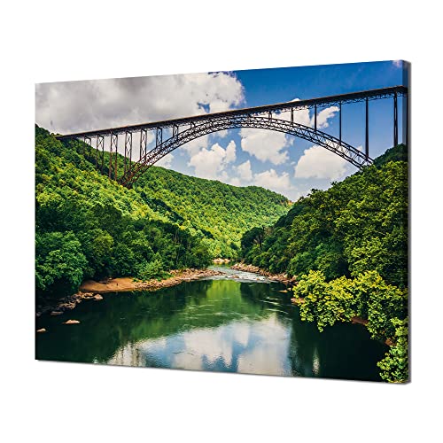 New River Gorge Bridge Picture Wall Art West Virginia Scenery Wall Decor Canvas HD Printed River Painting Poster Stretched Framed Home Living Room Bedroom Decoration Artwork(16x12 inches)