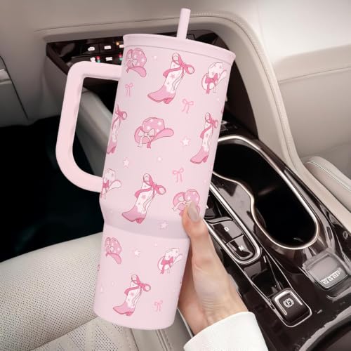 Image of SANDJEST Cowgirl 40oz Slider Tumbler with Handle and Straw - Insulated Stainless Steel Travel Coffee Mug for Women Girls, Gift for Birthday, Christmas