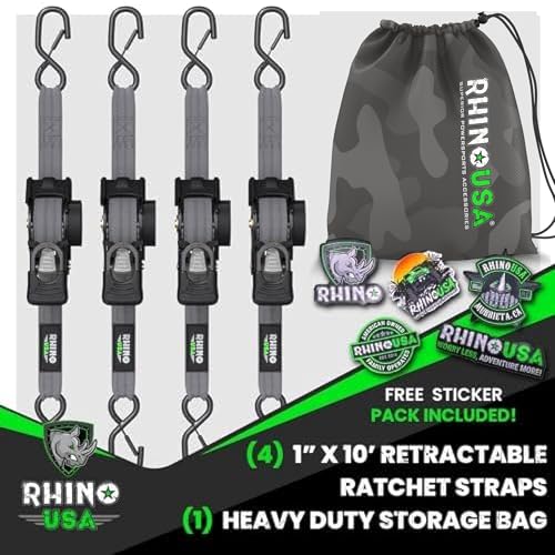 Image of Rhino USA Retractable Ratchet Straps (4-Pack) - 1 Inch x 10 Feet (1,209lb Break Strength) - Auto Self Retracting Tie Down Straps for Truck, Cargo Trailer, Motorcycle, ATV, UTV - Gray
