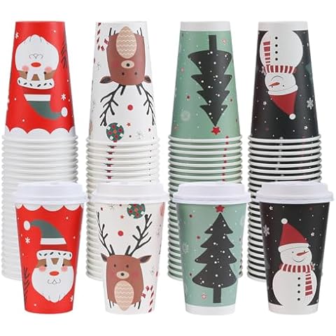 Clawsoff 100 Pack 16 oz Christmas Coffee Cups with Lids, Disposable To Go Paper Coffee Cups for Hot/Cold Drinks Office Home Shop Event (Colorful) Cover